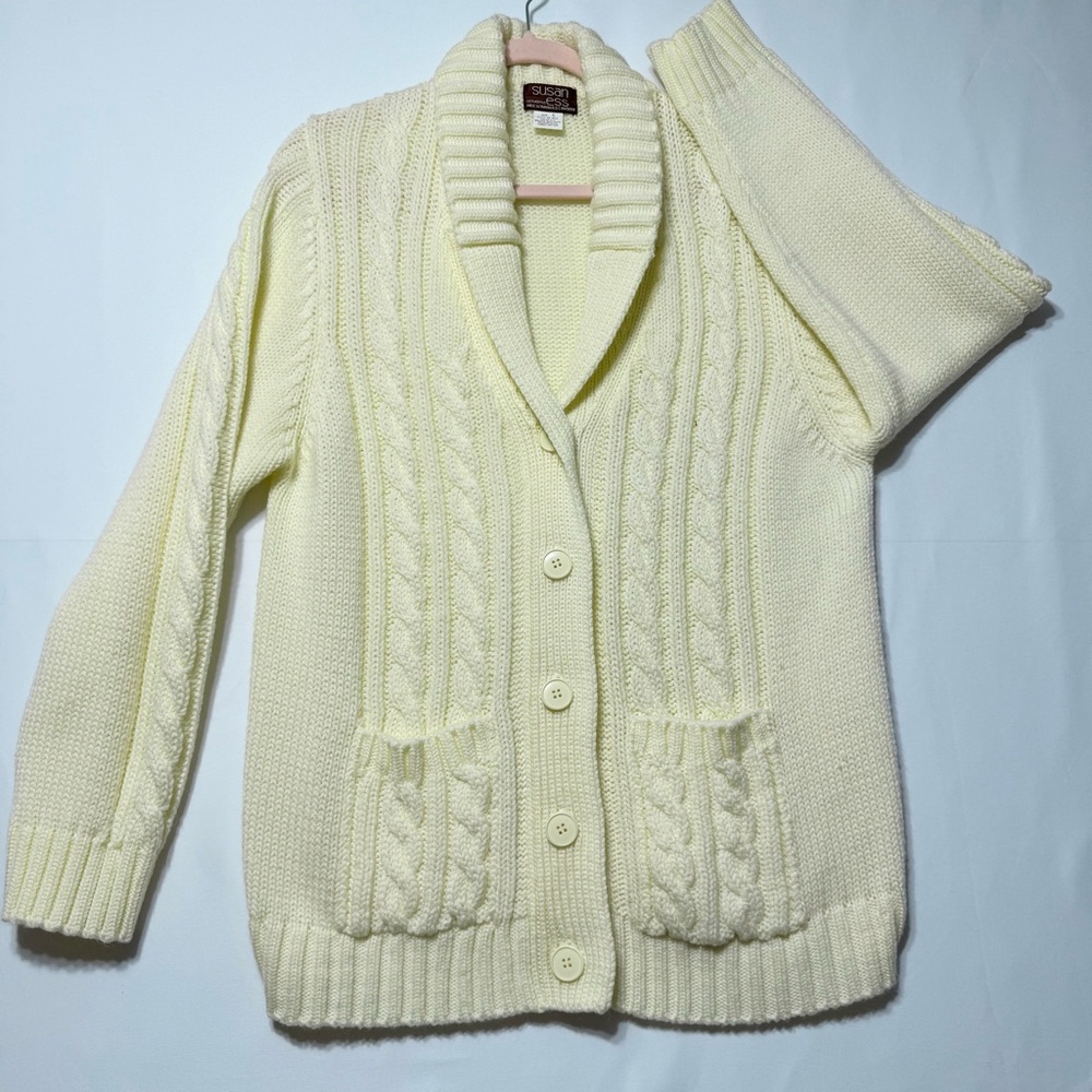 Susan Ess Cream Cable Knit Cardigan Size L Excellent